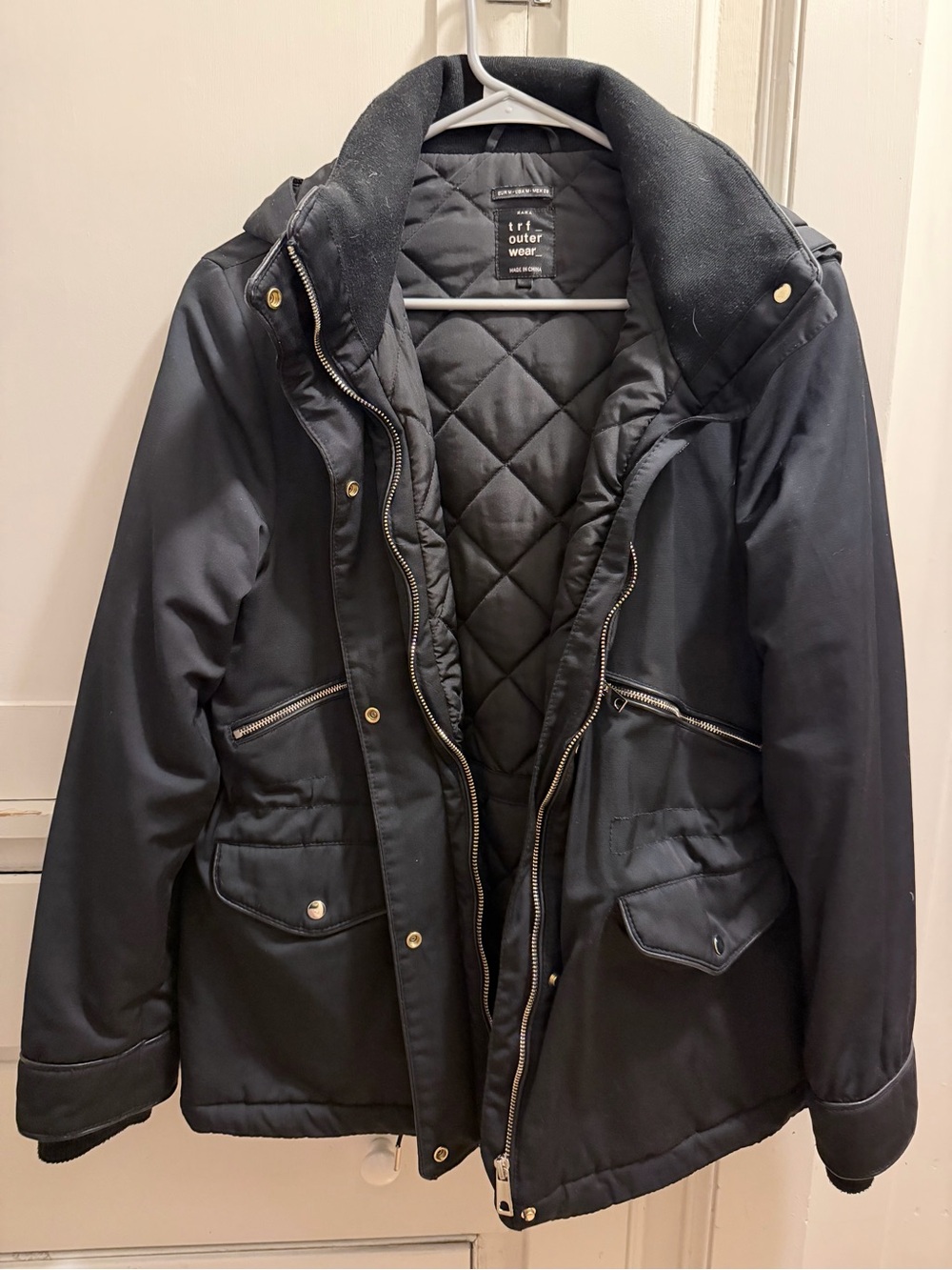 Zara Black Quilted Puffer Jacket with Funnel Collar